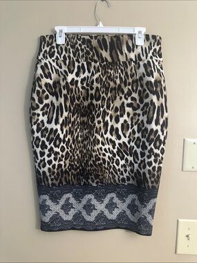 Thalia Sodi Leopard Print Pencil Skirt with Black Contrast Hem